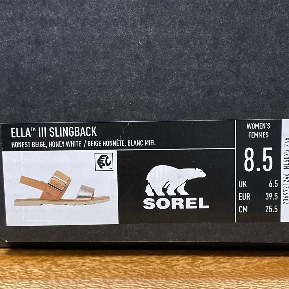 New in Box SOREL Ella III Slingback Sandal Honest Beige/Honey White Size 8.5 - Picture 14 of 14